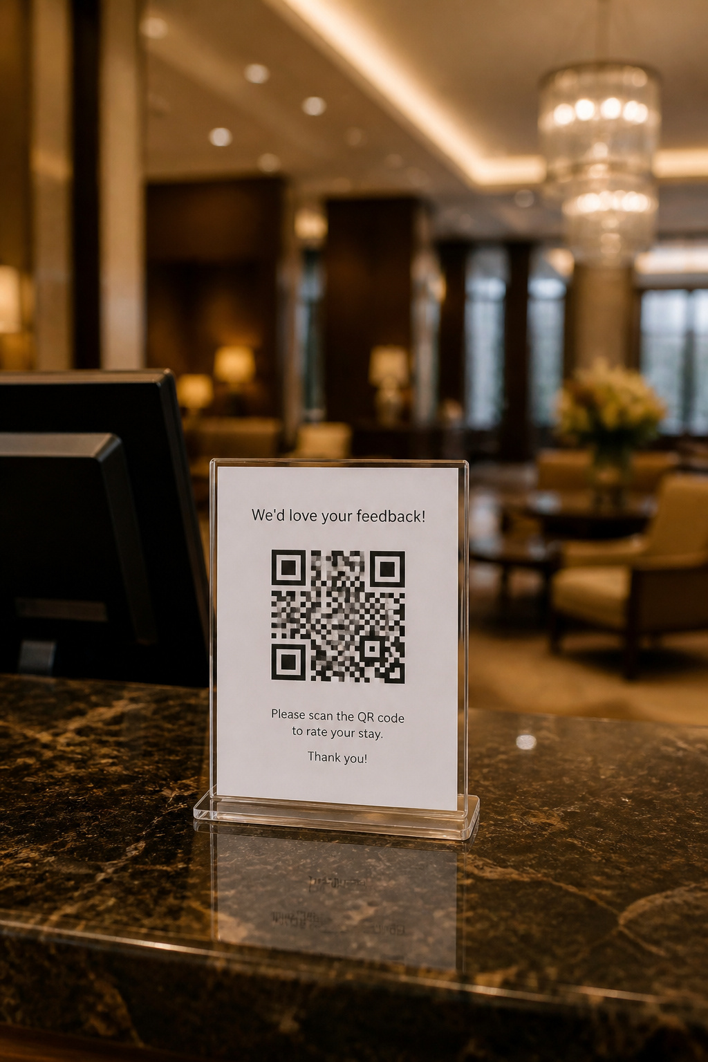 QR code at the front desk: guests point their camera and respond