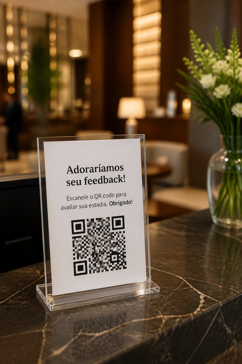 Placa com QR na recepção do hotel