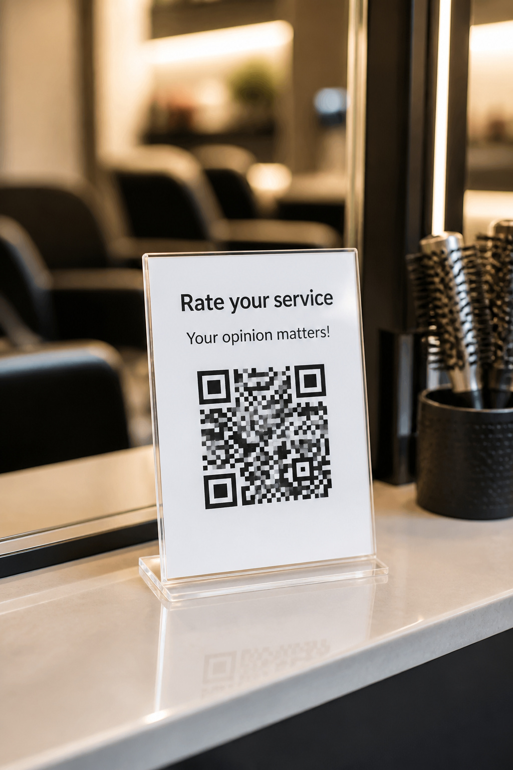 Acrylic stand with an NPS QR code on the beauty salon counter