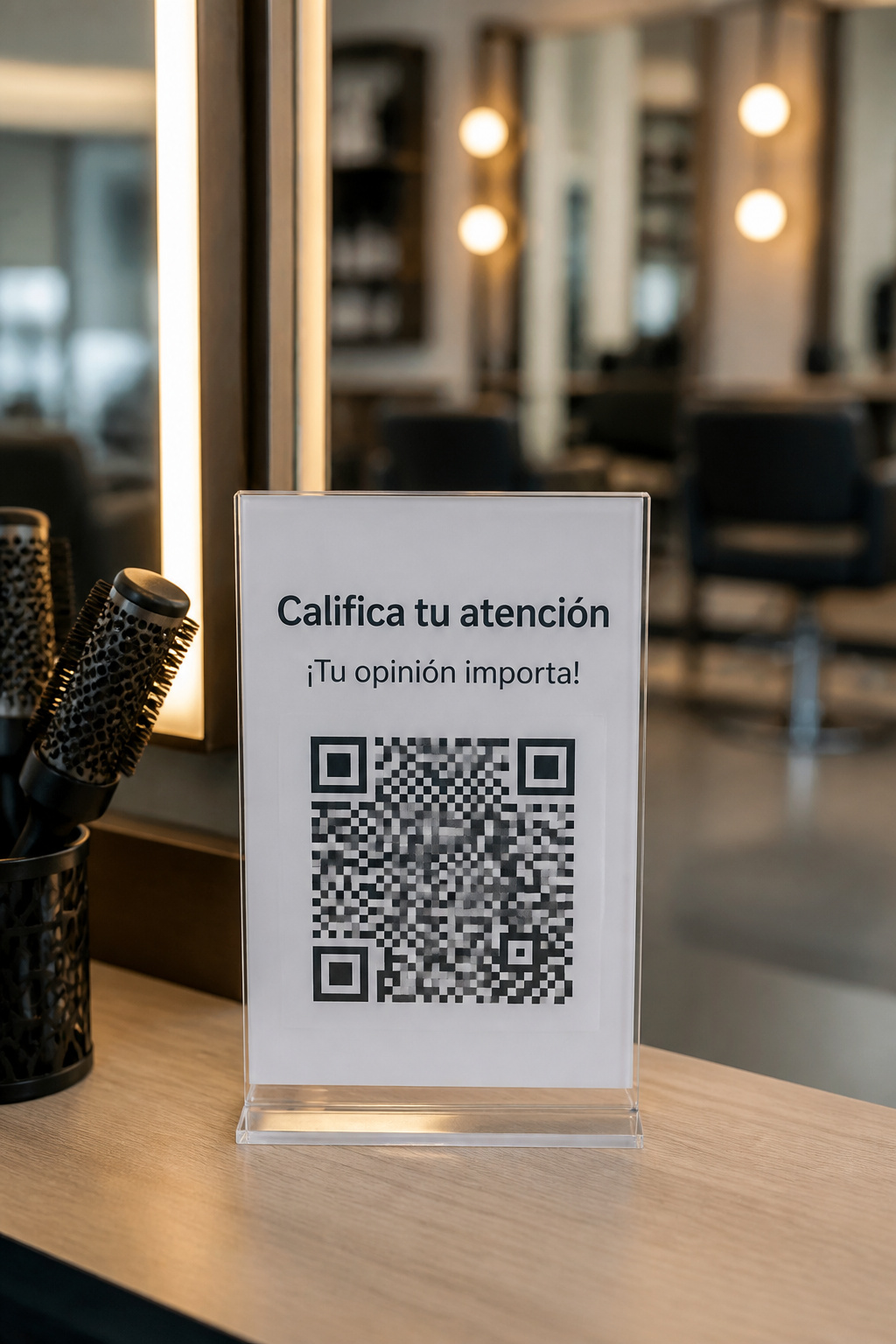 Display de acrílico con código QR de NPS en la barra del salón de belleza