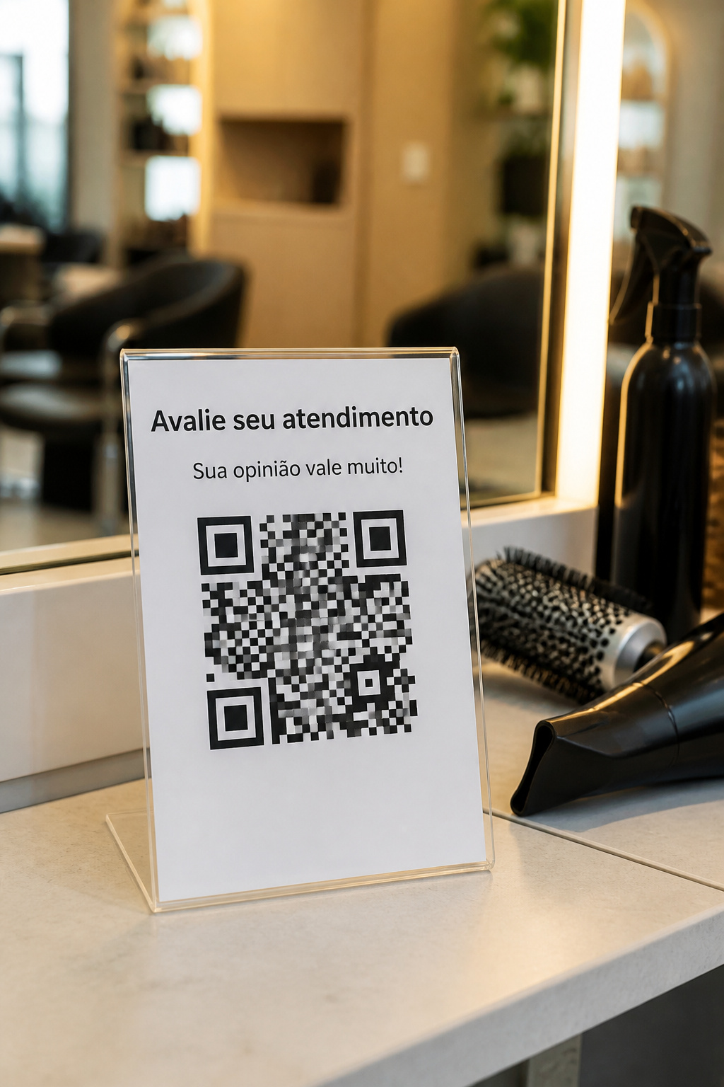 Display de acrílico com QR code de NPS na bancada do salão de beleza