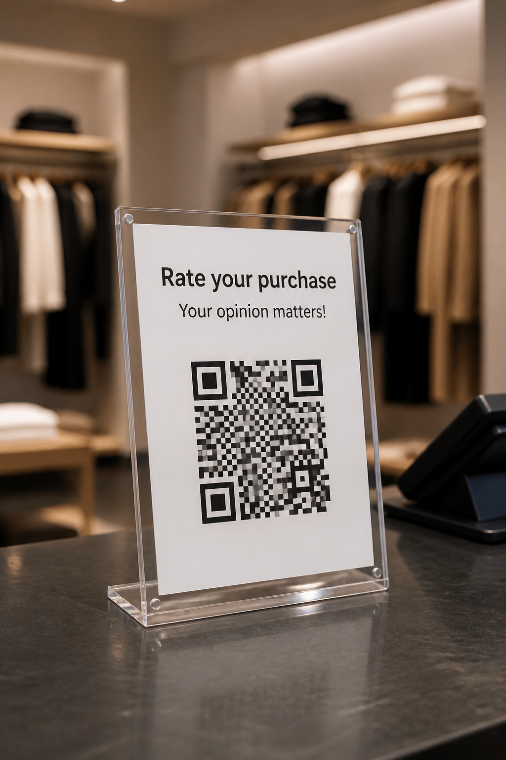 Acrylic stand with an NPS QR code on the store counter