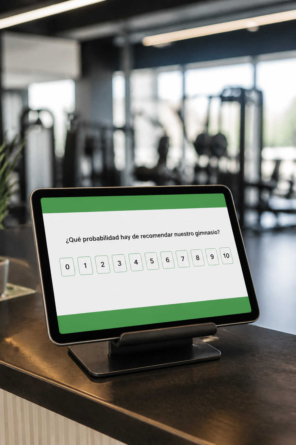 Tablet de NPS en la recepción del gimnasio