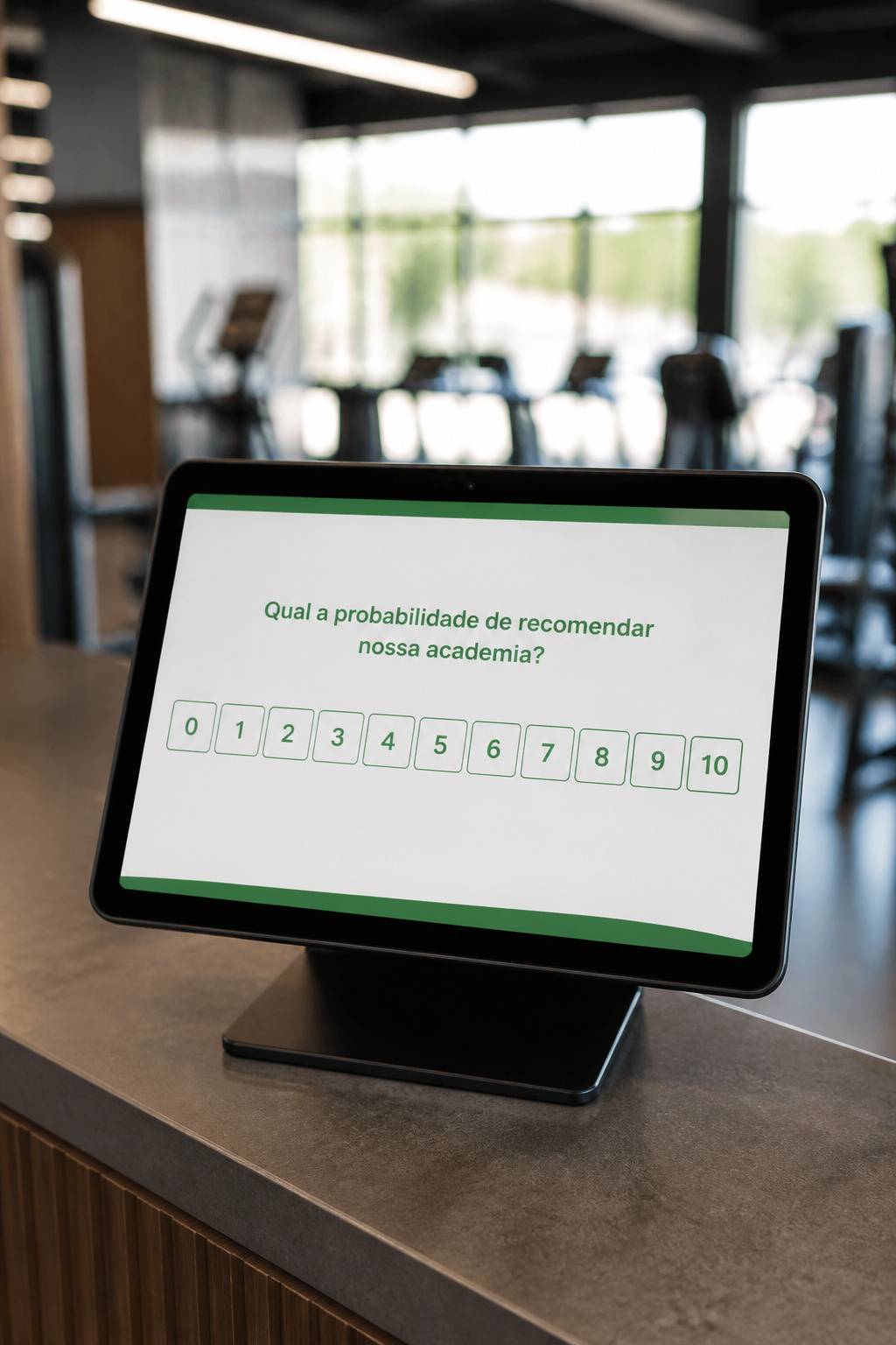 Tablet de NPS na recepção da academia
