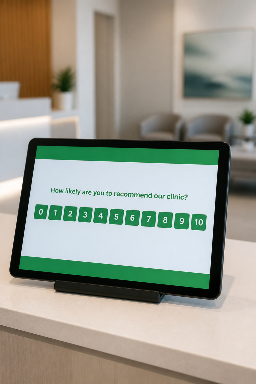 Tablet at the clinic front desk showing the NPS survey