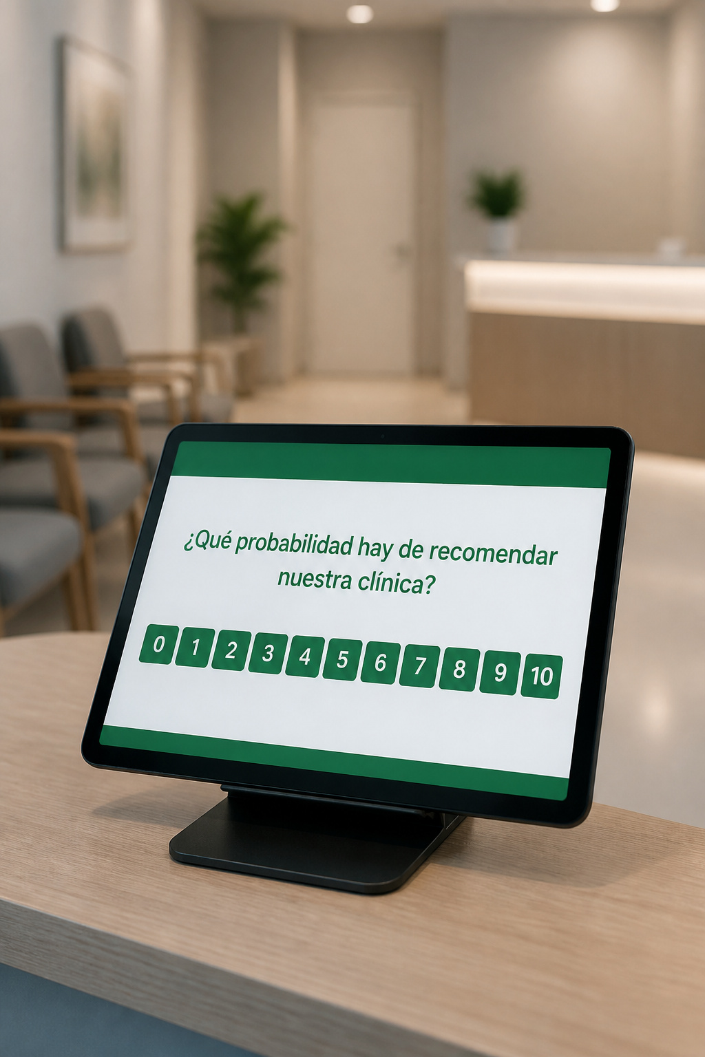 Tablet en la recepción de la clínica mostrando la encuesta NPS