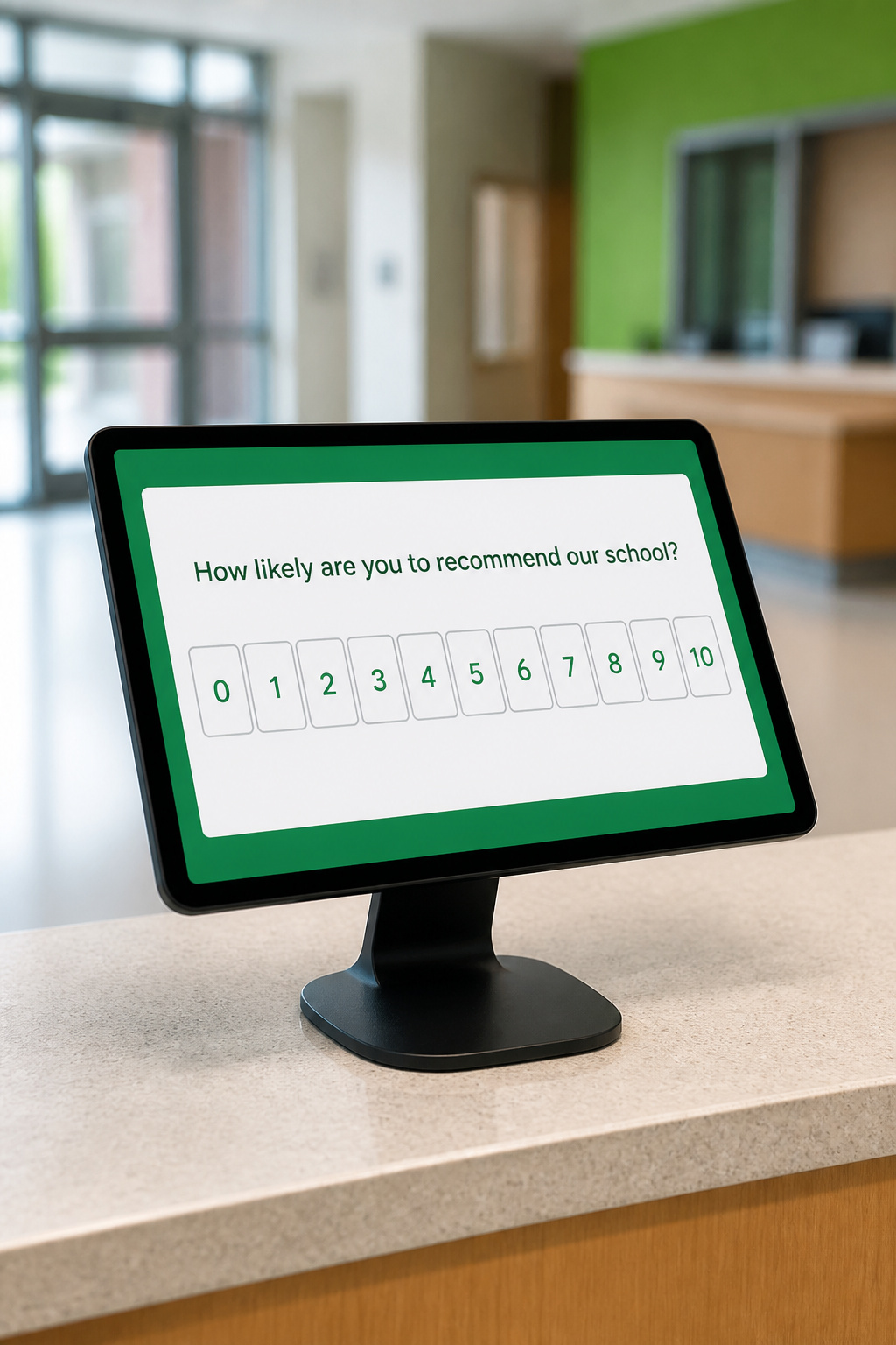 Tablet at the school front office displaying the NPS survey