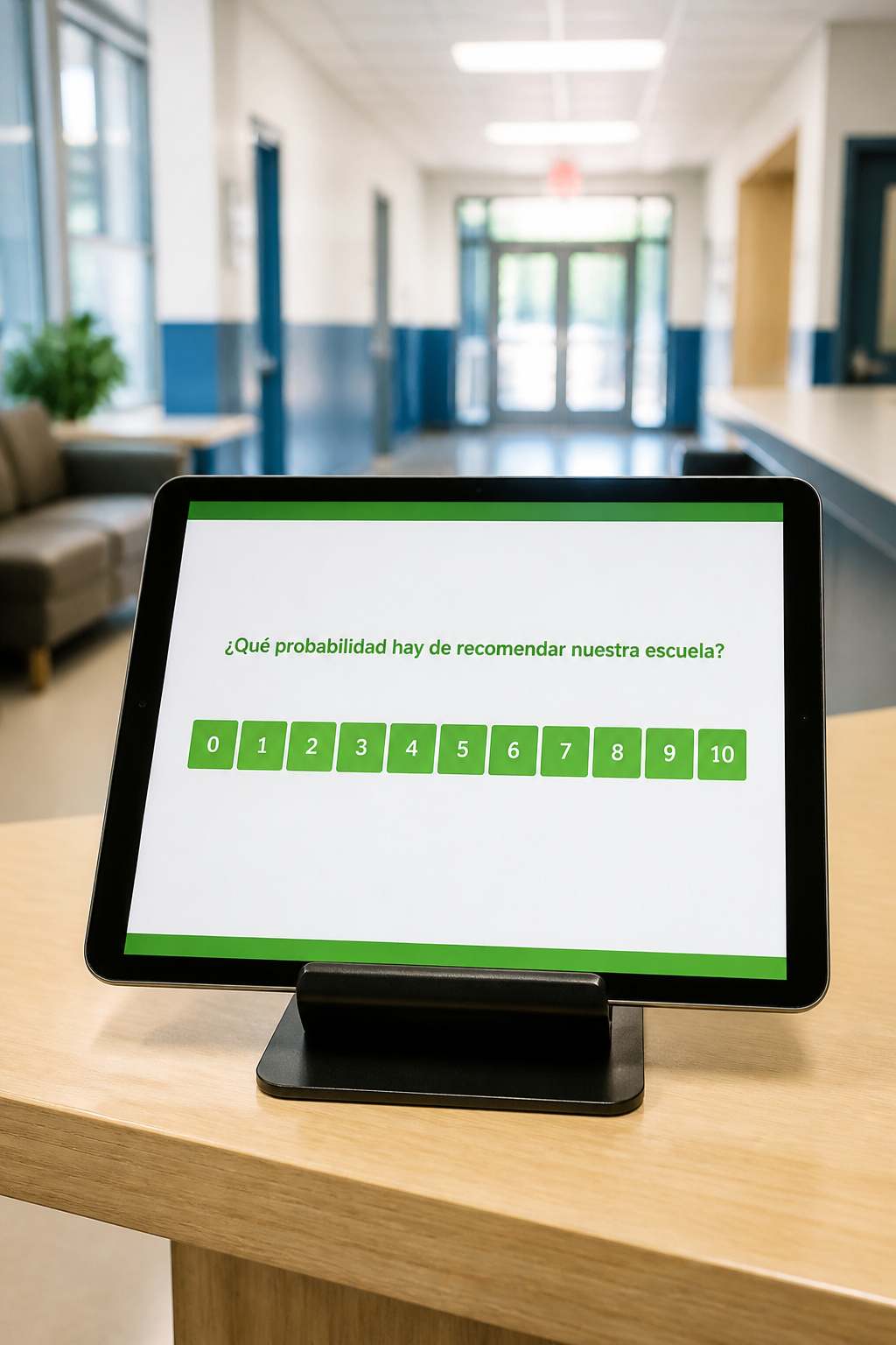 Tablet en la secretaría de la escuela mostrando la encuesta de NPS