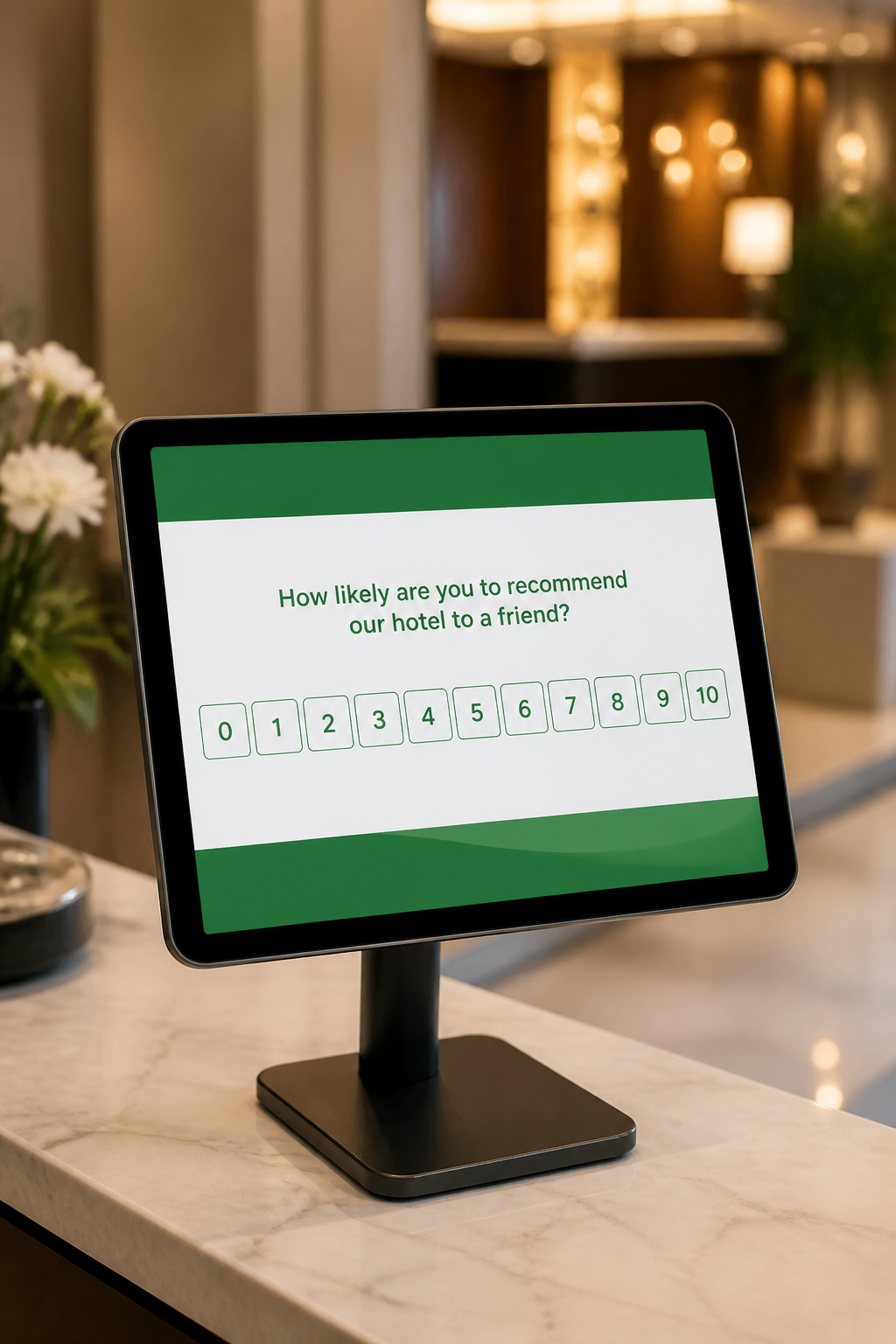 Tablet with the survey ready at the front desk for checkout